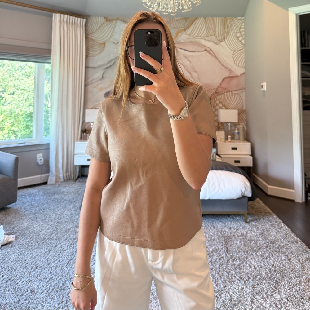 BCBGMaxAzria Tan Leather Short Sleeve Top